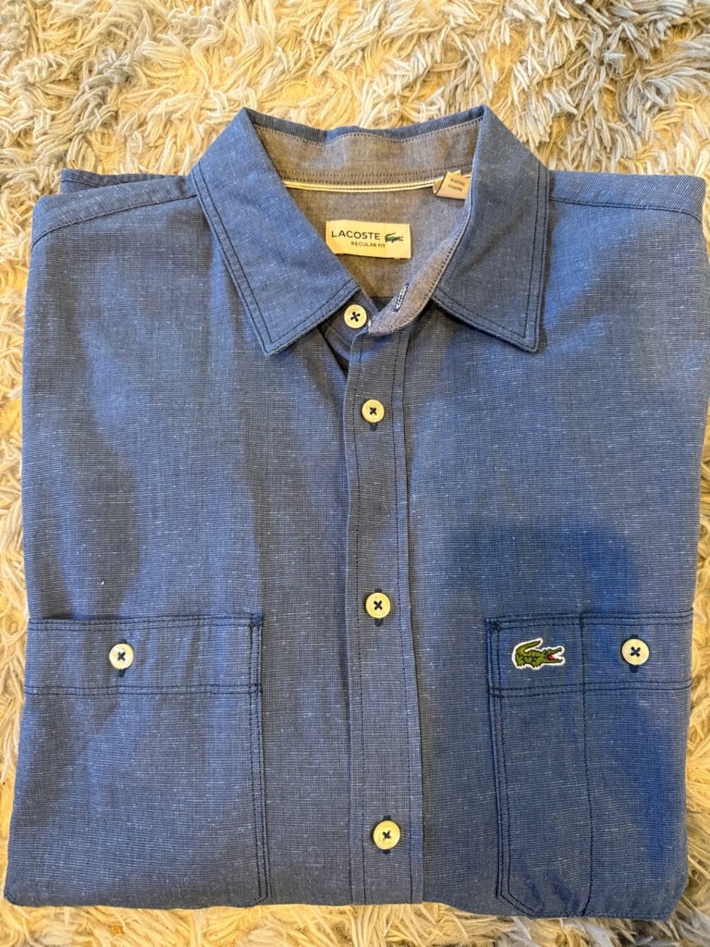 Lacoste Men’s Indigo Button-Down Shirt with Chest Pockets Large